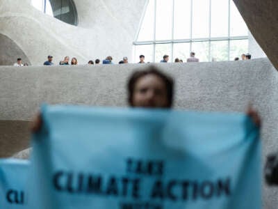 Climate activists with the group Extinction Rebellion protest inside the Museum of Natural History in New York City, on August 18, 2024.